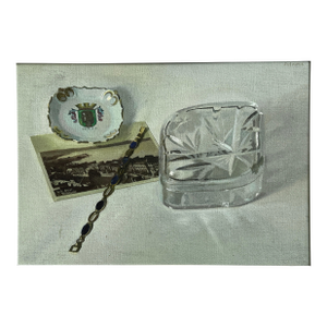 Vintage Hyperrealist Still Life W/ Glass Box, Lyck Postcard, & Gold Bracelet, Signed (Oil on Board)
