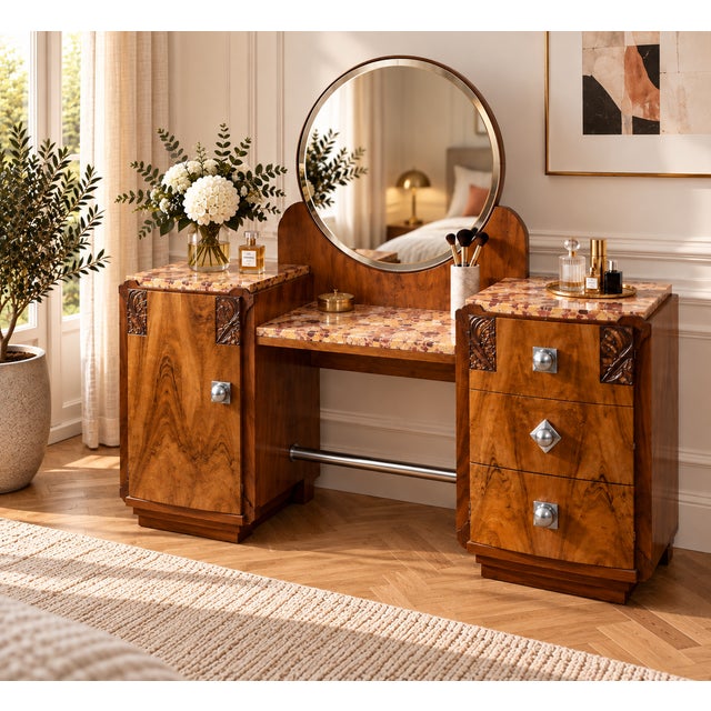 Art Deco Walnut Dressing Table Set with Marble Top and Bedside Table, 1930s, Set of 2 For Sale - Image 13 of 15