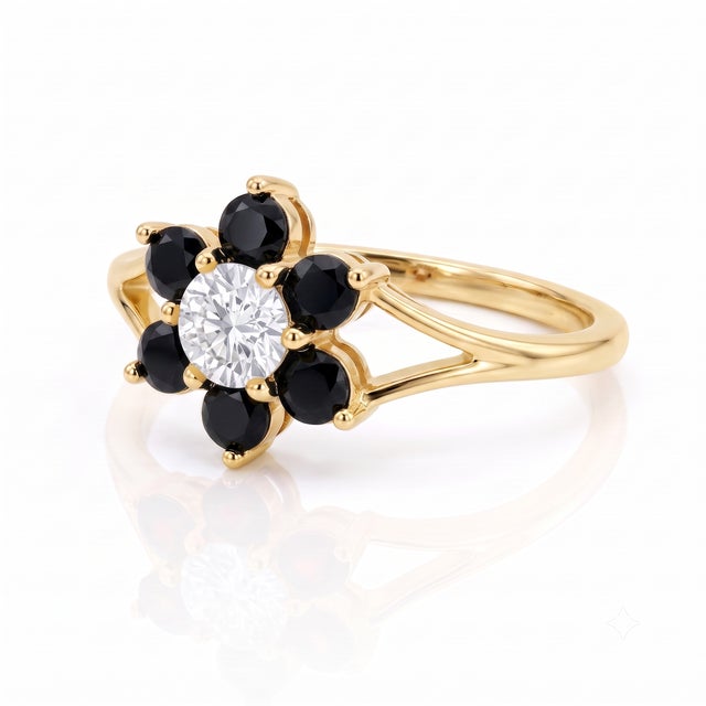 Contemporary Black Onyx Flower Engagement Ring | Unique Gothic Floral Cluster Ring | Black Gemstone Promise Ring Us 7 (All Sizes Available) For Sale - Image 3 of 4