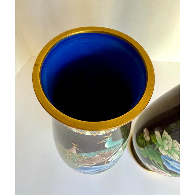 Pair of Asian Cloisonné Peacock and Peony Vases For Sale - Image 11 of 12
