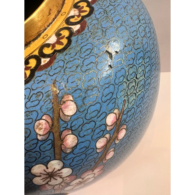 A vintage cloisonné vase featuring a delicate cherry blossom motif set against a textured blue enamel background. The...