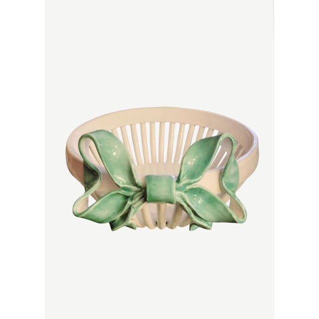 Traditional Vintage Italian Round Tiffany Blue Ceramic Ribbon Bow Front Decorative Bread Serving Bowl For Sale - Image 3 of 6