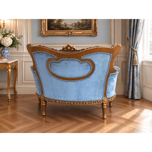 1920 French Artisan Louis XVI Gold Beech Velvet Settee For Sale - Image 10 of 11