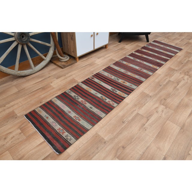 Traditional Striped Orange Turkish Vintage Kilim Oushak Handmade Woven Wool Runner Rug For Sale - Image 3 of 11