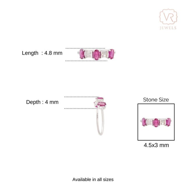 14k White Gold Statement Oval Ruby and Baguette Diamond Three Stone Ring Size 6.5 For Sale - Image 9 of 14