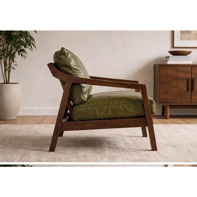 Olive Green Leather Lounge Chair, Mid Century Modern Accent Chair, Solid Wood Frame Armchair, Luxury Living Room Seating For Sale - Image 6 of 6