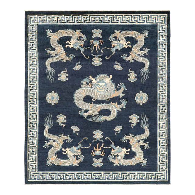 Rug & Kilim’s Pictorial Dragon Rug in Navy Blue, With Geometric Borders For Sale