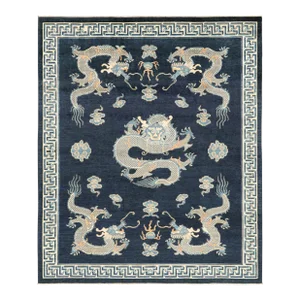 Rug & Kilim’s Pictorial Dragon Rug in Navy Blue, With Geometric Borders