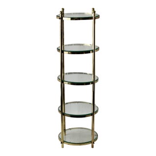 1970s Vintage Cylindrical Gold Brass Five Tier Étagère With Glass Shelves For Sale
