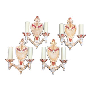 1920s Wall Sconces Ivory Cream White and Red With Gold Colored Highlights Two Light Candle Sconces Restored - Set of 4 For Sale