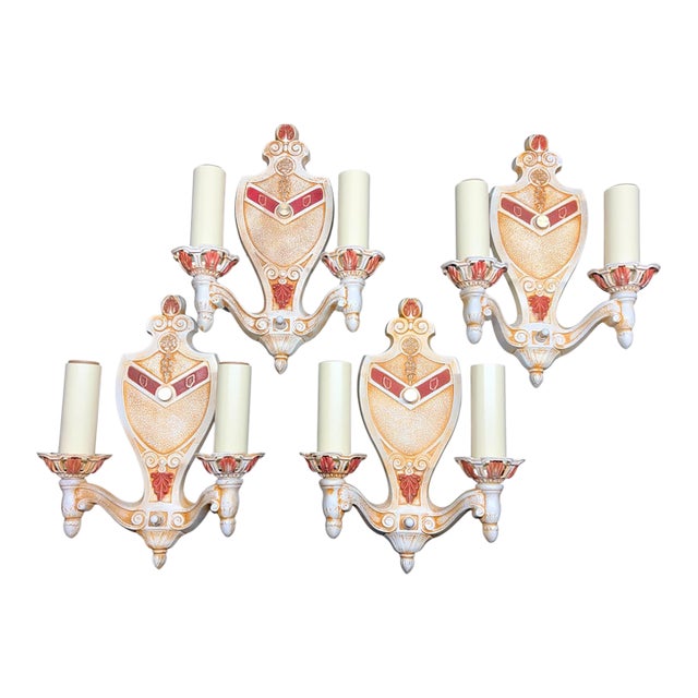 1920s Wall Sconces Ivory Cream White and Red With Gold Colored Highlights Two Light Candle Sconces Restored - Set of 4 For Sale