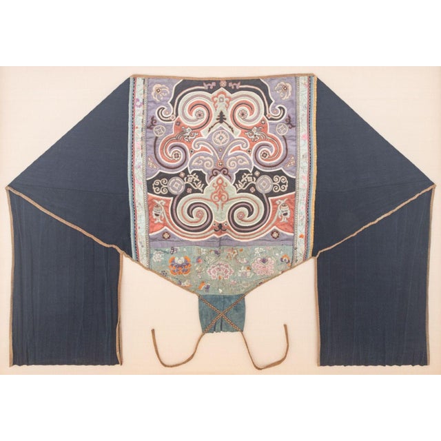 Chinese Tai Embroidered Cotton and Silk Baby Carrier, navy blue cotton ground with embroidered green and lavender back-...