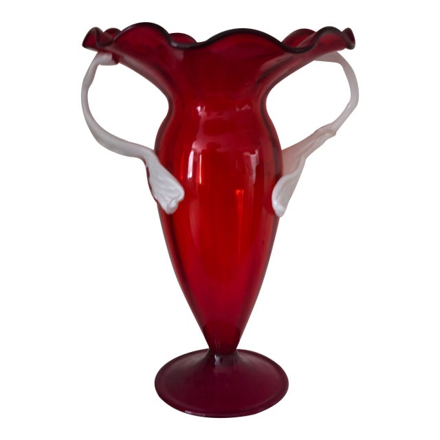 C.1933 Barovier Seguso Ferro Murano Red White Italian Art Glass Vase For Sale