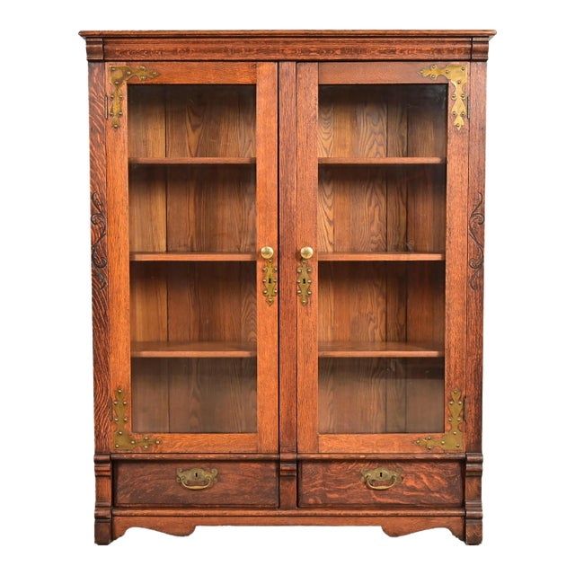 Antique Victorian Carved Oak Two-Door Bookcase, Circa 1890s For Sale