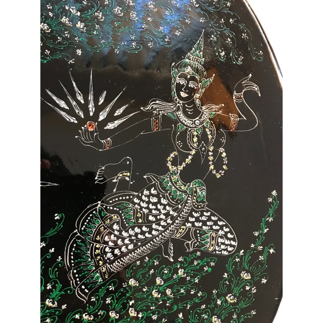 Rare Mid Century Hand Painted Decorative Black Lacquer Plate Depicting Ramayana Legend Thailand / Siam Aprox. Dimensions:...