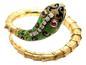 Diamond Ruby & Enamel 14k Yellow Gold Snake Flex Wrap Bracelet Bangle