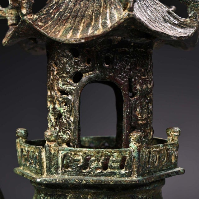 Early 20th Century Bronze Pagoda Censer – 16.9" Archaic Style Tripod Incense Burner For Sale - Image 4 of 8