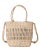 Small tote in latte woven leather. Fully lined with magnetic snap closure and inside pockets. Detachable woven shoulder...