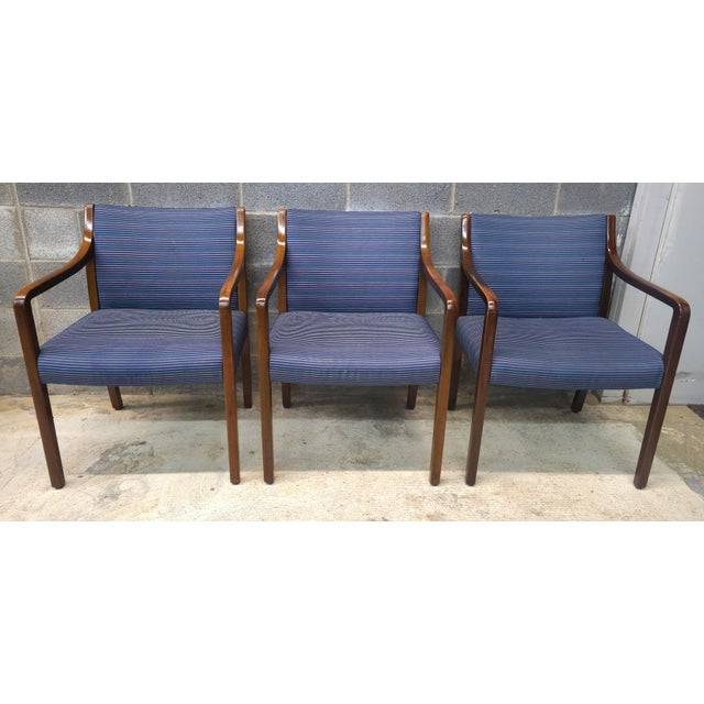 A Set of Three of Late 20th Century Gunlocke modernist solid Oak and Upholstered Armchairs, guess chairs. Measure 23" in...