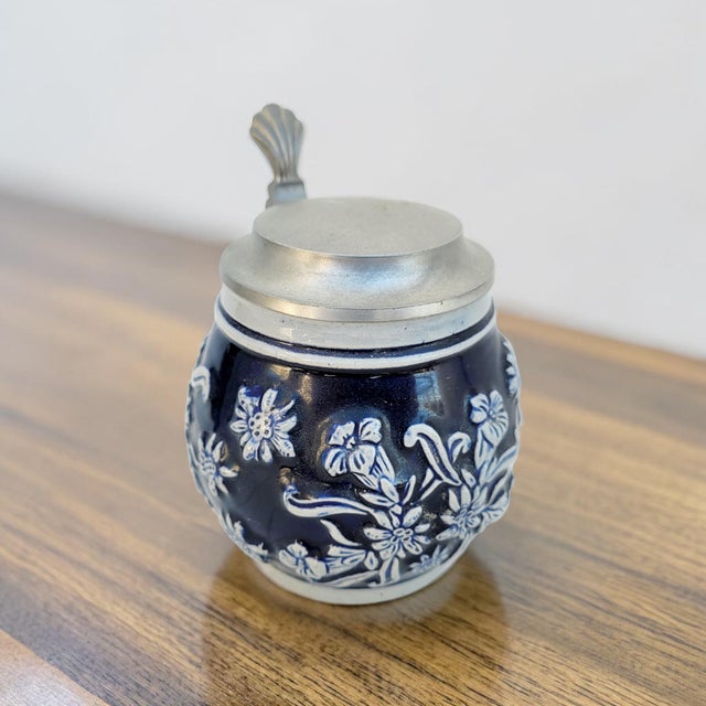 Mid-Century German Cobalt Blue Relief Stein with Pewter Lid, 1940s-1950s For Sale - Image 10 of 12