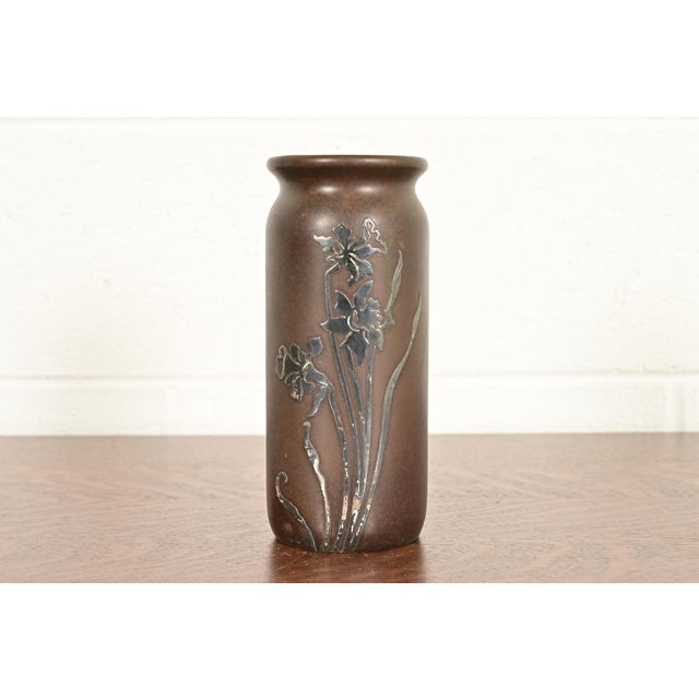 Heintz Arts & Crafts Sterling Silver on Bronze Vase With Floral Decoration For Sale - Image 12 of 12