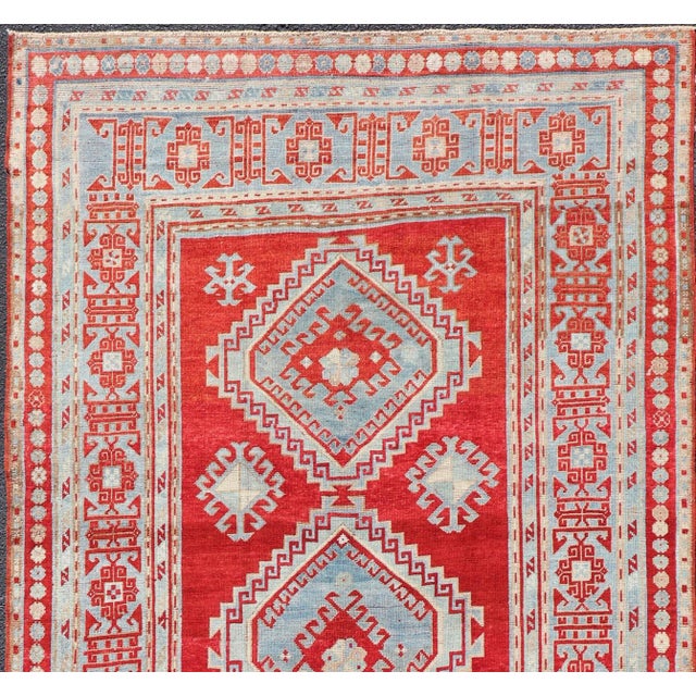 Tribal Antique Caucasian Kazak Gallery Rug in Brilliant Red With Geometric Design 5'0 X 11'0 For Sale - Image 3 of 12