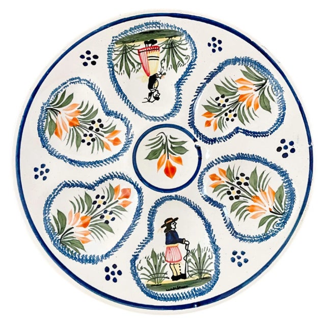 Henriot Quimper French Faience Henriot Quimper Breton Couple Oyster Plate For Sale - Image 4 of 5