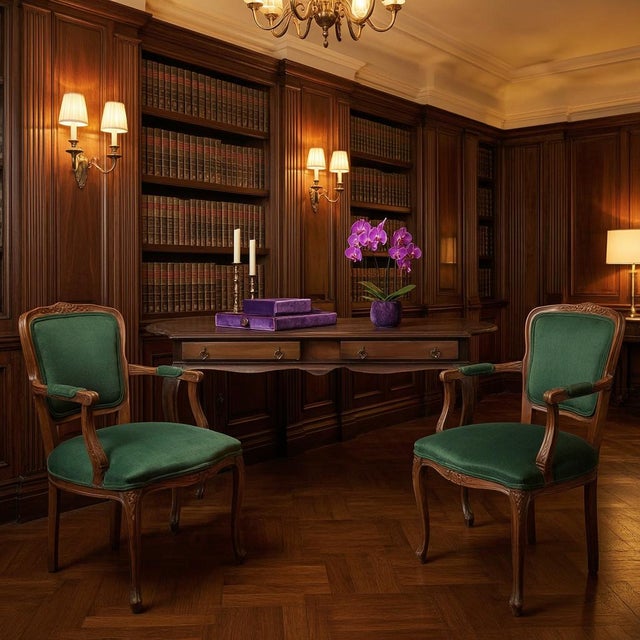 The Scholar’s Alcove: Dark Academia Library Desk & Jacquard Emerald Armchairs Suite For Sale In Phoenix - Image 6 of 7