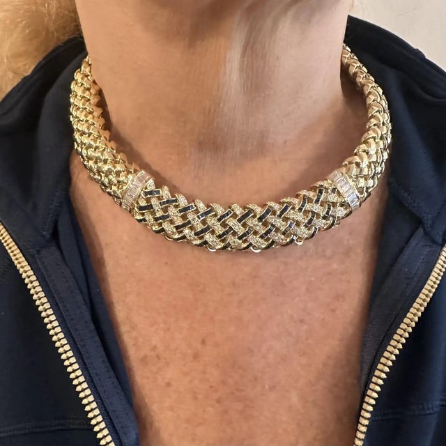 Vintage Tiffany & Co. Vannerie Diamond Sapphire Basket Weave Yellow Gold Necklace For Sale - Image 15 of 17