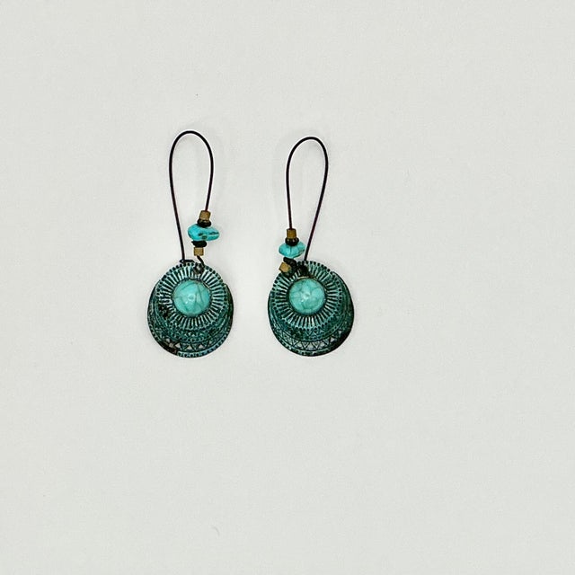 1990s Vintage Southwestern Mexican Boho Chic Faux Turquoise & Verdigris Metal Dangle Earrings - A Pair For Sale - Image 4 of 8