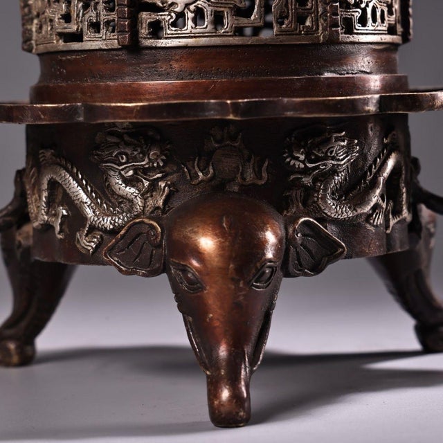 Copper & Silver Dragon Incense Burner, Coiled-Dragon Censer With Elephant Feet For Sale - Image 9 of 10