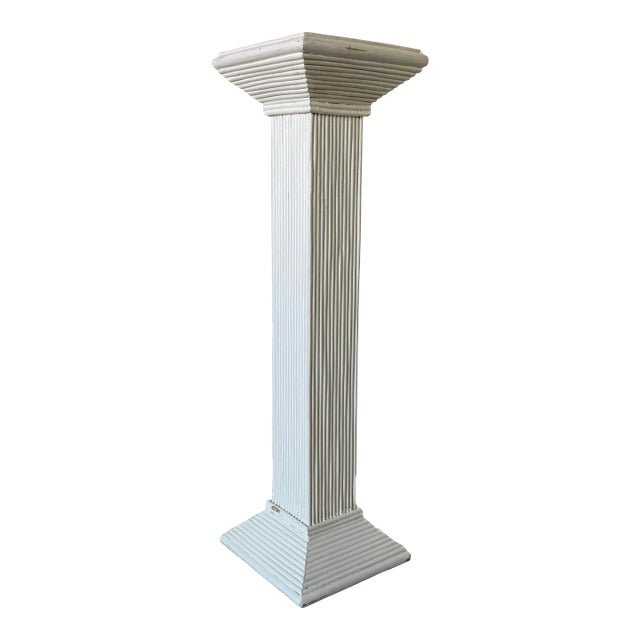 Vintage White Pencil Reed Rattan Pedestal / Plant Stand For Sale
