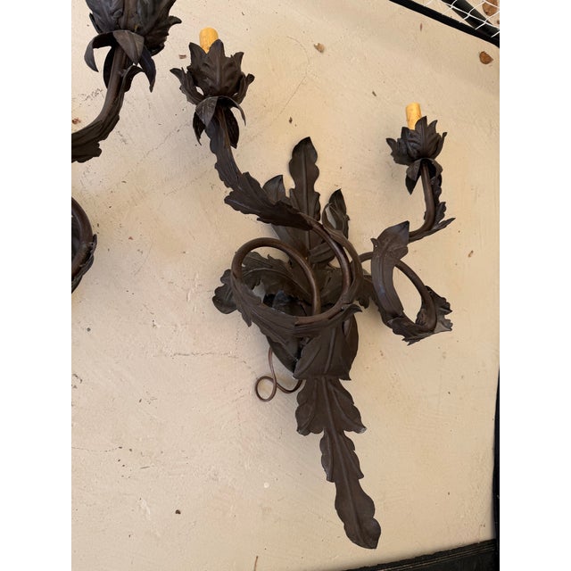 French 1990s 2 Light Iron Leaf Motif Sconce For Sale - Image 3 of 8