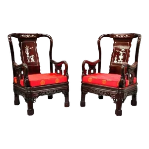 Late 20th Century Vintage Oriental Chinese Carved Wood Throne Lounge Chairs With Pearl Inlay - Pair