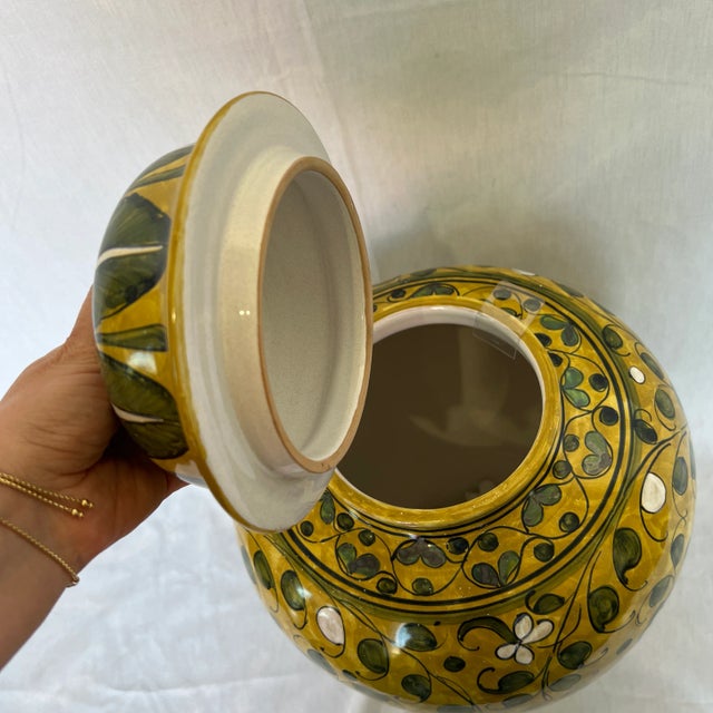 1990s Italian Hand Painted Green and Yellow Ceramic Urn With Lid For Sale - Image 5 of 13