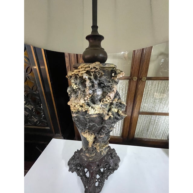 Chinese Antique Chinese Elaborately Carved Natural Hard-Stone Table Lamps—A Pair For Sale - Image 3 of 18