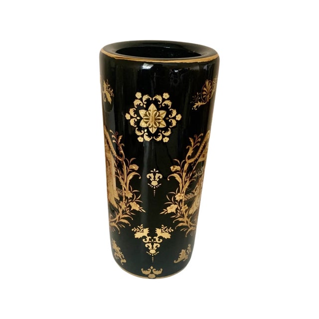 Gold and Black Tubular Ceramic Vase With Middle Ages Theme For Sale In San Diego - Image 6 of 9