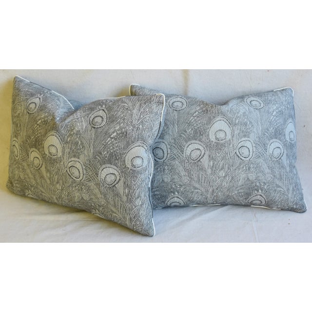 Designer Peacock Feather Linen Feather/Down Pillows 22" X 16" - Pair For Sale - Image 9 of 13