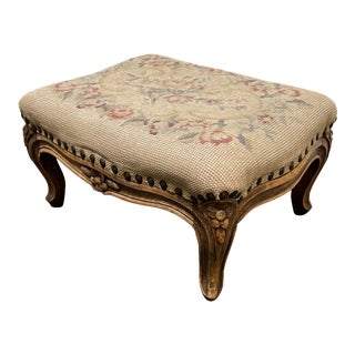 Antique Floral Needlepoint Footstool For Sale