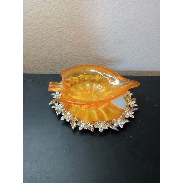 Mid-Century Modern Gorgeous MCM Murano Italy Bullicante Orange Glass Leaf Ashtray For Sale - Image 3 of 6