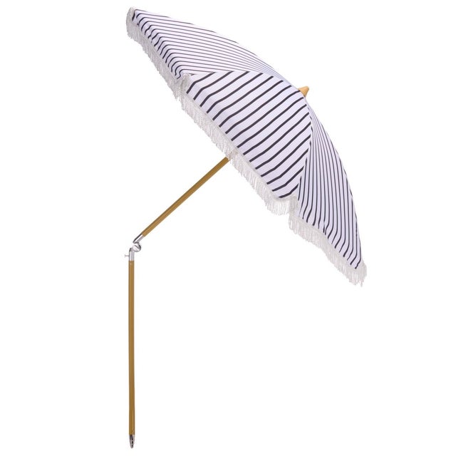 Metal Bella 6.5 Ft Beach Fringed Umbrella, Black Bistro Stripe For Sale - Image 7 of 8