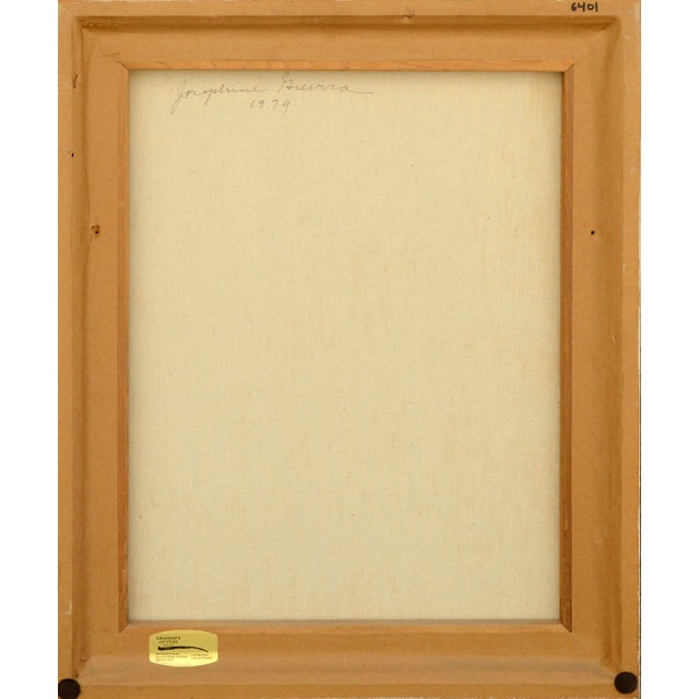 Pear & Cut Flowers in a Glass, Botanical Still Life in Magentas by Josephine Guerra For Sale - Image 11 of 11