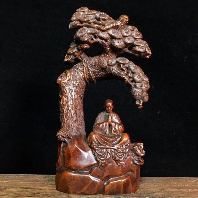 Hand-Carved Boxwood Figure of a Monk Under a Pine Tree For Sale In Los Angeles - Image 6 of 9