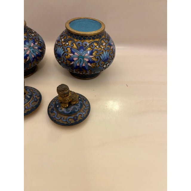 Metal Pair of Antique Handmade Chinese Foo Dog Enamel Champleve Cloisonné Ginger Jars For Sale - Image 7 of 12