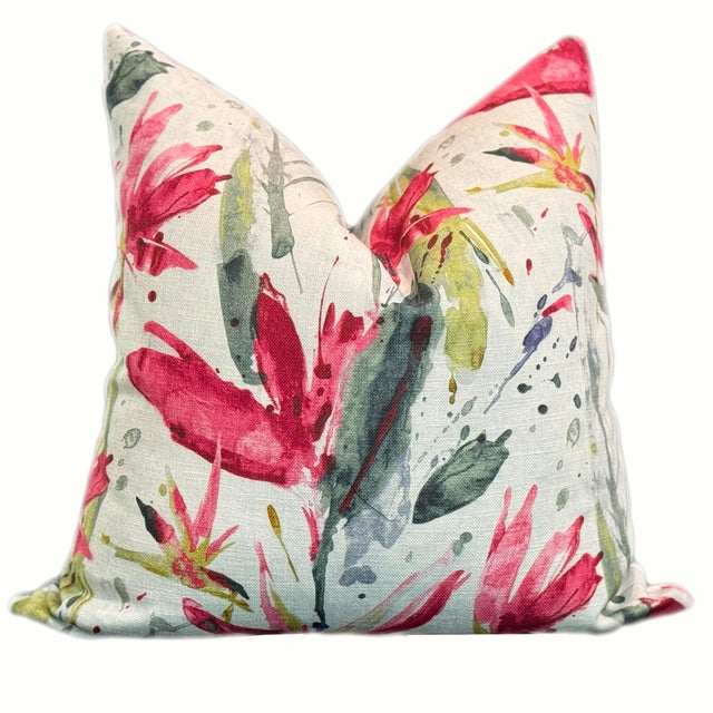 These painterly cotton/linen pillows combine hot pink and red with artful brush strokes in contrasting greens. The...