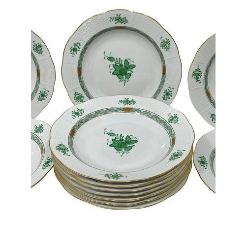 12 Herend "Chinese Bouquet Apponyi Green" soup plates # 503, 1980s 12 Herend Hungary porcelain plates with a basket weave...