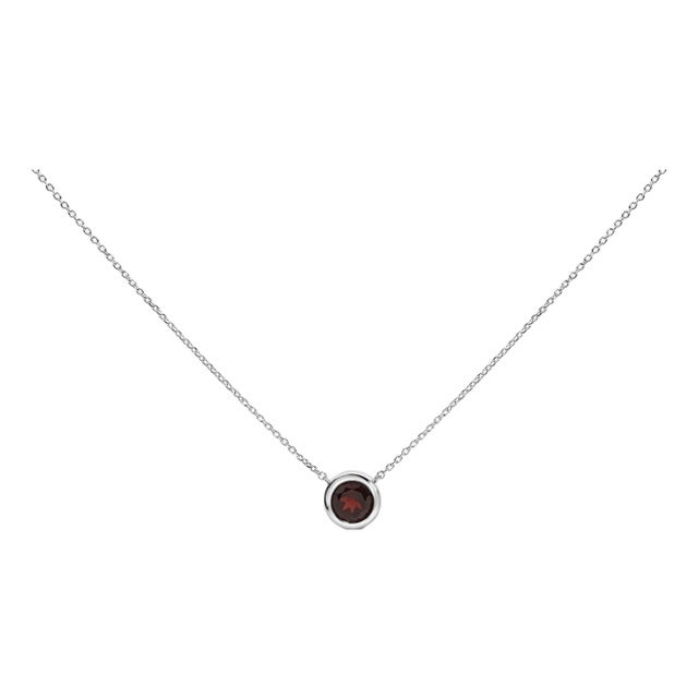 .925 Sterling Silver 7MM Bezel Set Created Red Garnet Pendant Necklace - 18" Inches For Sale