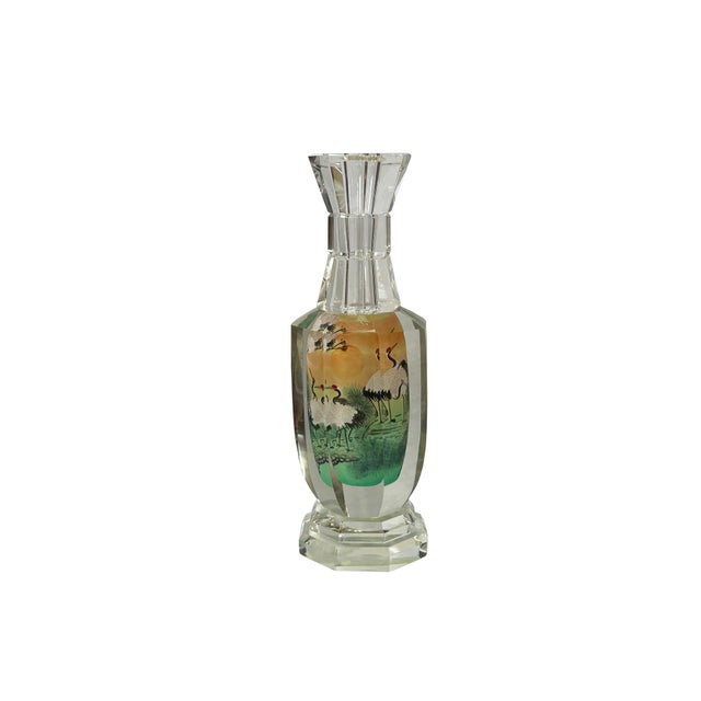 Chinese Chinese Inside Oriental Scenery Cranes Graphic Glass Art Vase Bottle For Sale - Image 3 of 6