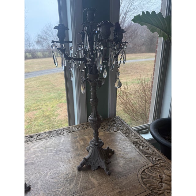 Late 20th Century Victorian Cast and Crystal 5-Candle Candelabras For Sale - Image 4 of 9