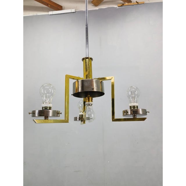 Art Deco Brass and Chrome Chandelier with Opaline Glass, Czechoslovakia, 1930s For Sale - Image 14 of 15